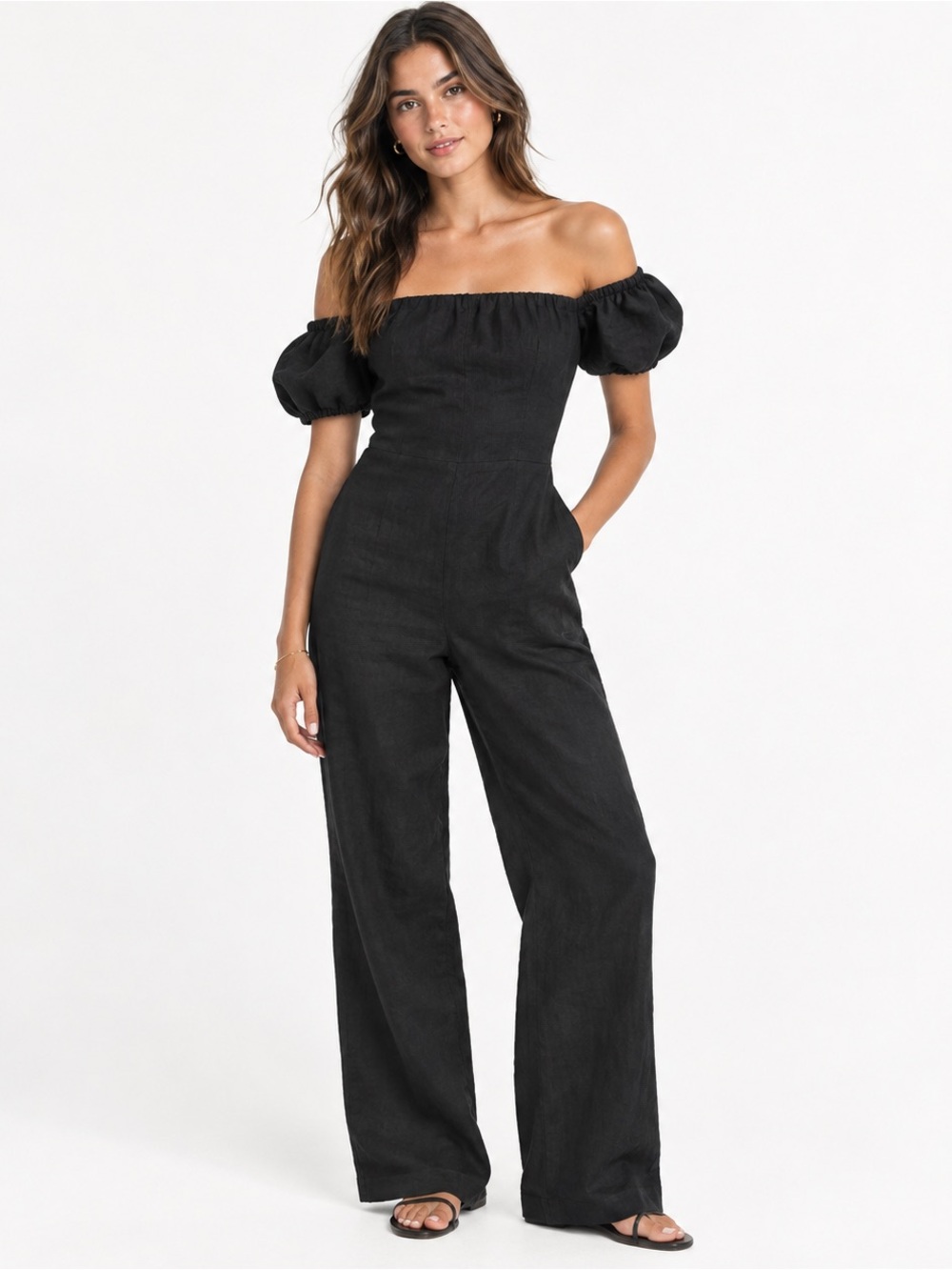 Abercrombie & Fitch Linen Blend Off the Shoulder Jumpsuit Black Size XS